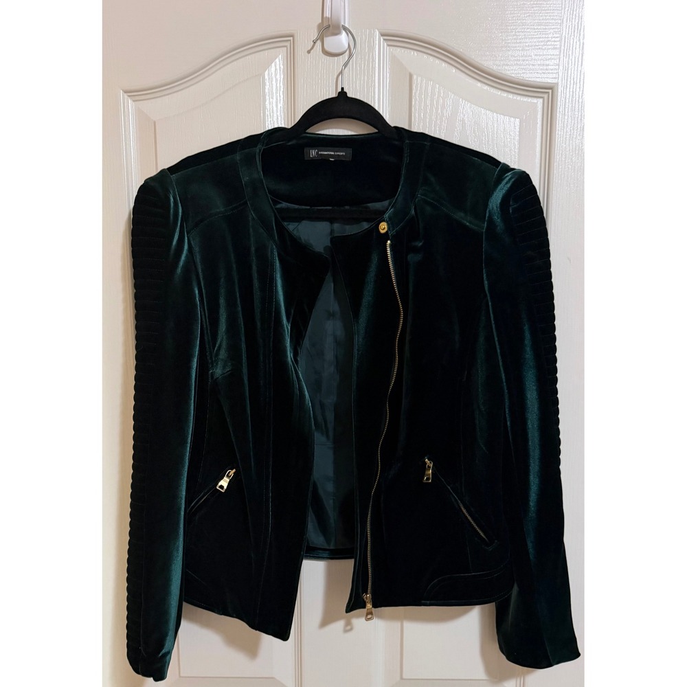 INC International Concepts Velvet Moto Jacket Dark Green Quilted Women's L NWOT